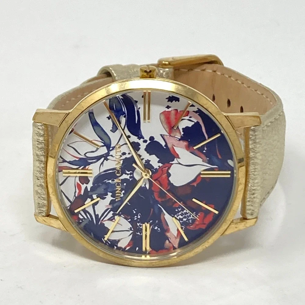Vince Camuto Women's Watch 40mm Floral Dial Gold Tone Leather New Battery 8.25